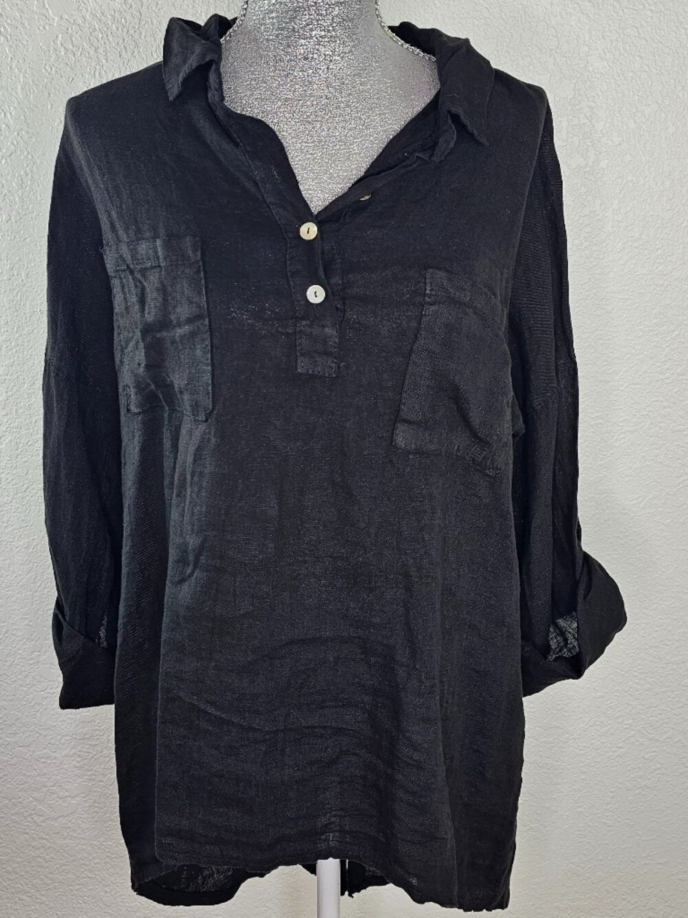 Tempo Paris Black Hi-Low Linen Shirt Size M/L - Picture 3 of 9